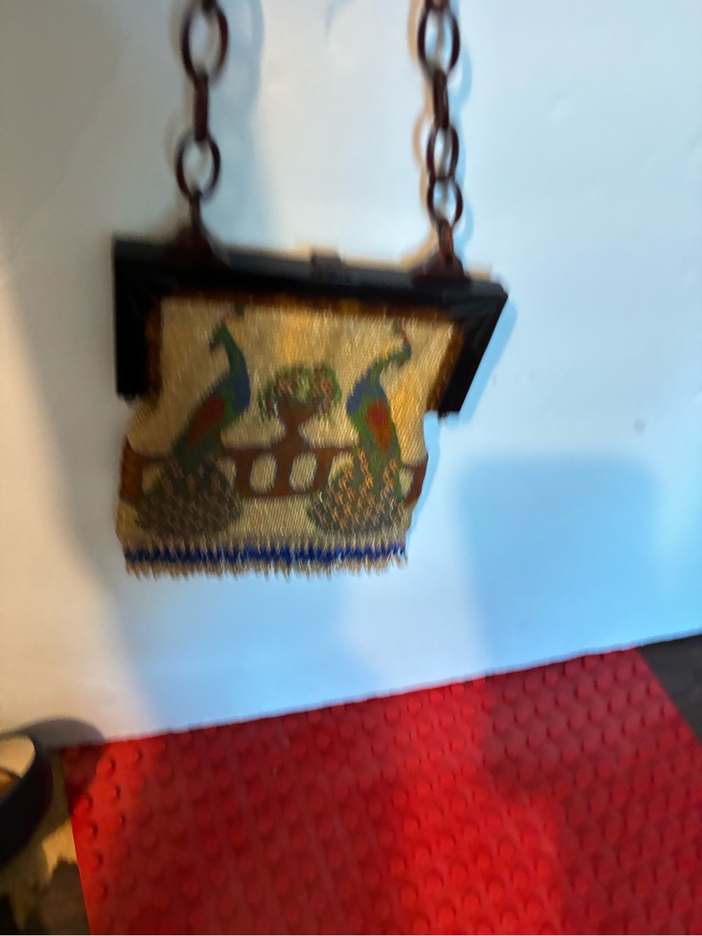 Whiting & Davis Gold Beaded Mini Bag with Multicolor Peacock Motif - Picture 3 of 7